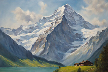 Oil painting of the Jungfrau mountain peak in switzerland