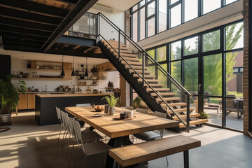 Open space with industrial half-landing stairs and wooden dining area