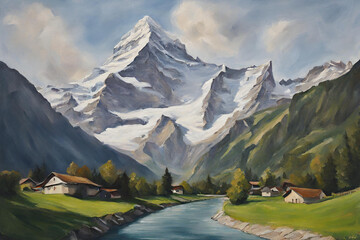 Oil painting of the Jungfrau mountain peak in switzerland - obrazy, fototapety, plakaty