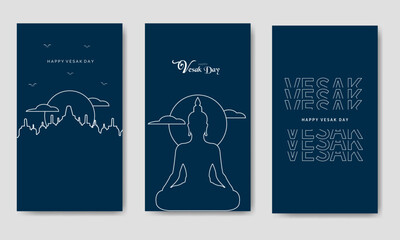 Happy Vesak Day Line Art Style With Borobudur And Buddha Portrait Template