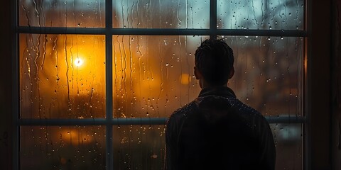 Silhouetted Man Seeking Solace Through Rainy Window,Contemplative and Introspective Mood - obrazy, fototapety, plakaty