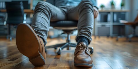 Fototapeta na wymiar Weary Legs Seeking Respite Under the Office Desk During Workday Grind