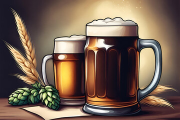 Hand drawn beer still life. Hand drawn still life with hop mug of beer and wheat  on a vintage paper background