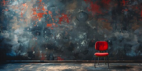 A single red chair stands alone in a dimly lit abstract room The backdrop is a textured moody canvas of splashes