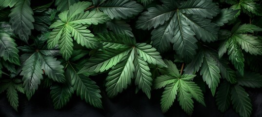 cannabis drug marijuana plant leaves. Marijuana cannabis green leaf herb dark background. - obrazy, fototapety, plakaty