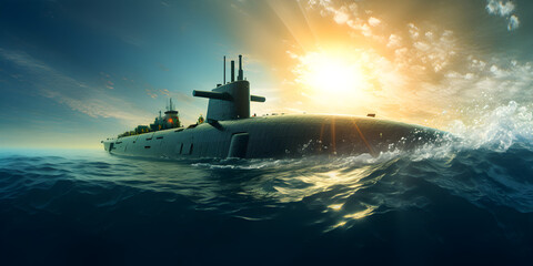 Submarine underwater in deep blue sea oceanic vehicles undersea technology under the blue sky sunny background