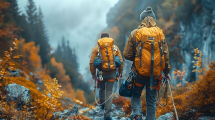 Fototapeta premium Two hikers with backpacks exploring mountain landscapes