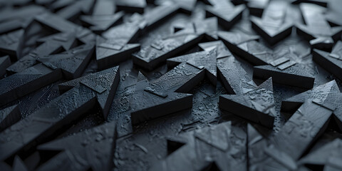 A black and white image of a wall with a lot of triangles on it. Dark black minimal background background
