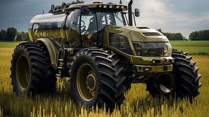 Belarusian tractor harvests Field's bounty reaped - obrazy, fototapety, plakaty