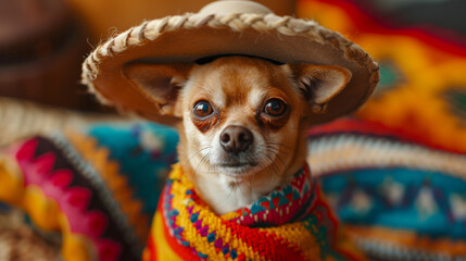 A cheerful chihuahua dog wearing a sombrero and a poncho on a colorful background.