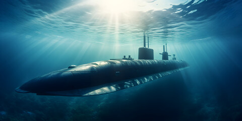 Submarine underwater in deep blue sea oceanographic underwater world marine discovery sunlight background