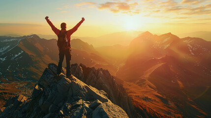 Winning and sport concept, Male Hiker celebrating success on top of a mountain - obrazy, fototapety, plakaty