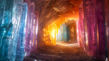 Radiant Crystal Passage Aglow with Iridescent Blues and Pinks in Enchanted Cave