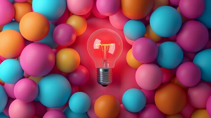 Idea: A lightbulb surrounded by colorful thought bubbles - obrazy, fototapety, plakaty