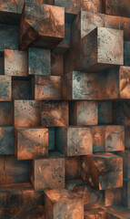 Geometric pattern of rusted metal cubes stacked together.