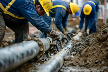 Craftsmen laying geothermal pipes in the ground - obrazy, fototapety, plakaty