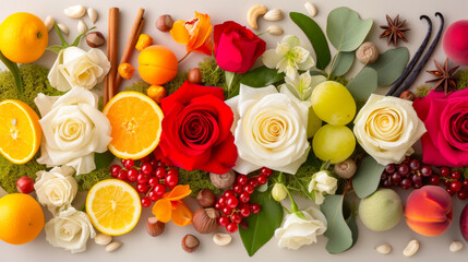 random selection of colorful flowers like roses, Jasmine, Orchid , lily some fruits like orange,...