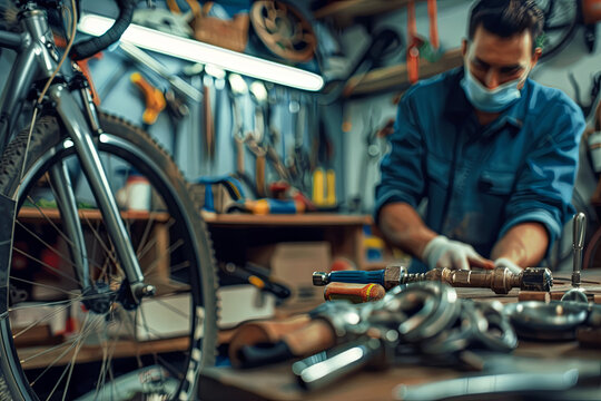 Workshop tools with a bicycle mechanic repairing a wheel in the background