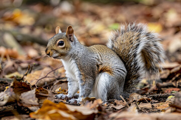Naklejka na ściany i meble Gray Squirrel, Sciurus carolinensis, adorable creature on the forest floor