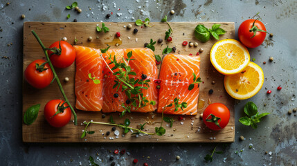 Top view of raw salmon fillets with fresh herbs, tomatoes, and sliced citrus, artistically arranged on a wooden cutting board.