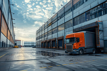 Naklejka premium Heavy-duty truck loading at a warehouse