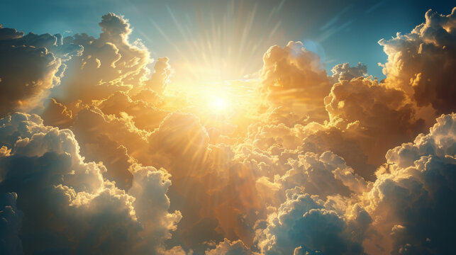 The sun beams majestically through a break in the dense cumulus clouds, creating a breathtaking skyscape.