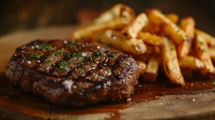 Steak and fries on a wooden board.