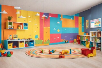 interior of a kindergarten with various colors and toys
