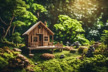 Fototapeta na wymiar beautiful wooden house in hearts of lush green trees