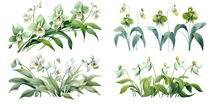 Lady's Slipper Orchid branches with green leaves watercolor illustration. Flat vector illustration isolated on white background