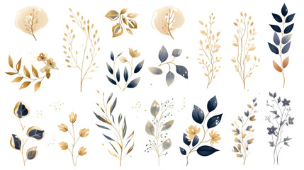 Luxury botanical gold wedding frame elements collection. Set of circle, glitters, leaf branches, flower, eucalyptus. Elegant foliage design for wedding, card, invitation, greeting - obrazy, fototapety, plakaty