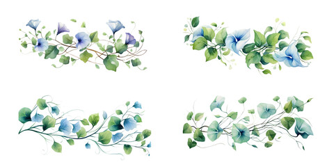 Morning Glory branches with green leaves watercolor illustration. Flat vector illustration isolated on white background