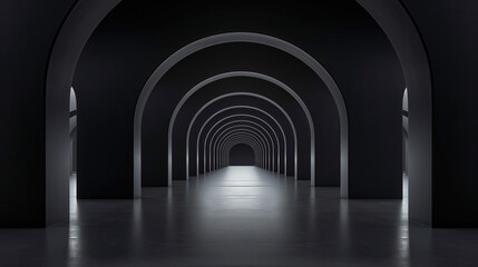 Futuristic space made from materials of the future. Corridor with luminous arches. Beautiful reflection on the floor. Background for design and promotion. Architecture and interior.