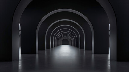 Obraz premium Futuristic space made from materials of the future. Corridor with luminous arches. Beautiful reflection on the floor. Background for design and promotion. Architecture and interior.