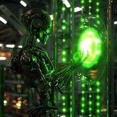 Futuristic Cyborg with Glowing Green Energy in Digital Landscape