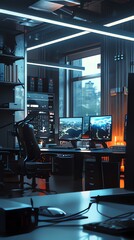 Modern office interior with computers and city view
