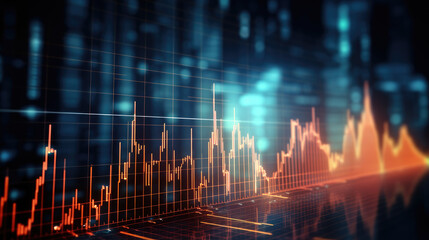 Digital analytics data visualization, financial schedule, monitor screen in perspective. Business chart with glowing arrows and world map. Creative forex background. Global market index.