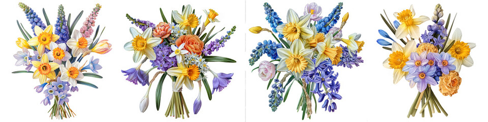 Daffodils, Crocuses, and Hyacinths flowers bouquet, cutout, png isolated transparent background