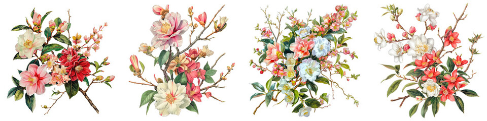 Camellias, Azaleas, and Dogwood Branches flowers bouquet, cutout, png isolated transparent background
