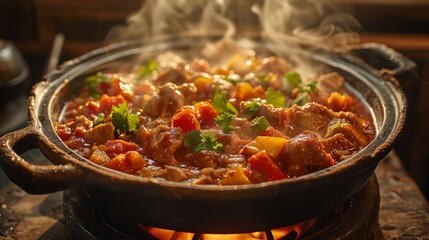 Hearty stew simmering in a rustic pot.