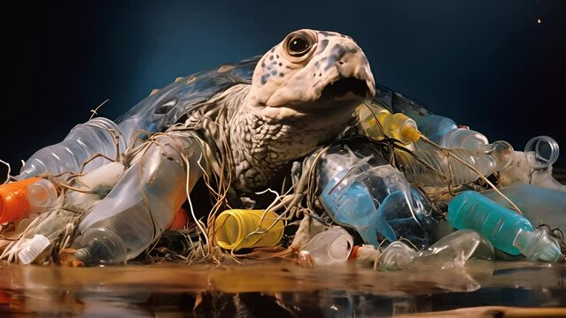 Plastic pollution is an environmental problem in the oceans. Turtle stuck in plastic bag, save ocean concept. Underwater concept of global problem with plastic waste floating in the ocean	