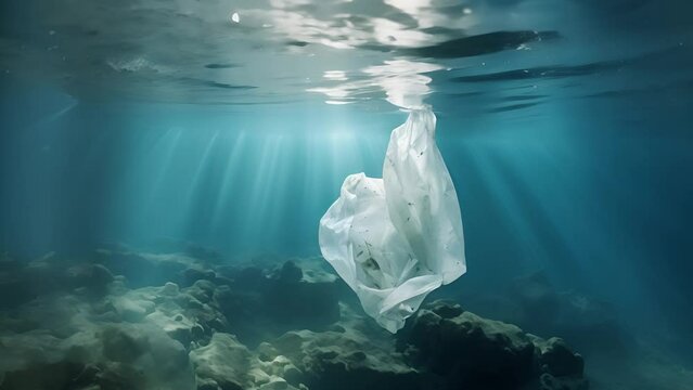 Plastic pollution in ocean. Underwater pollution:- A discarded plastic carrier bag drifting in a tropical, blue water ocean. Plastic bag floating in the sea	