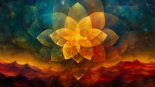 A series of overlapping circles forming the Flower of Life pattern representing the fundamental building blocks of existence and the unity of all creation.