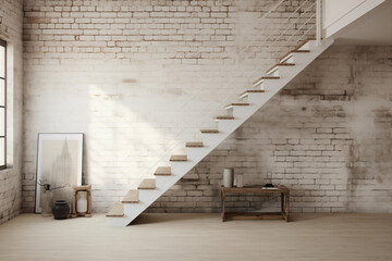 white brick wall interior with old stairs 