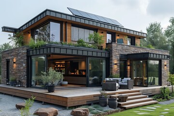 Modern house with numerous windows solar panels on the roof