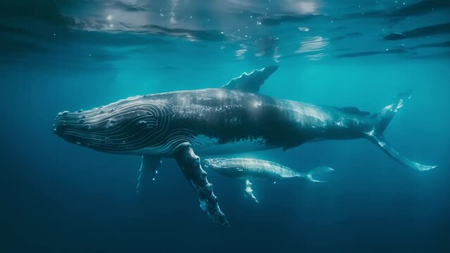 Baby humpback whales play near the surface in the blue water. Humpback whale in pacific ocean	