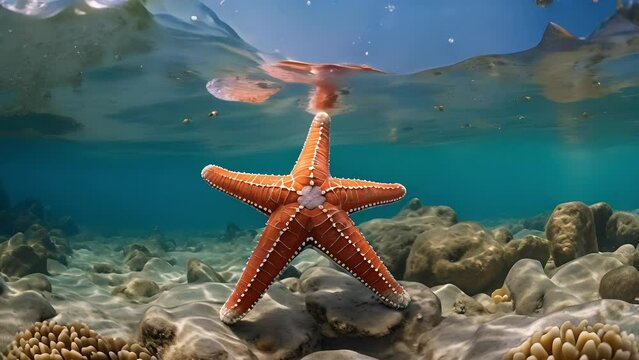Sea star underwater the Mediterranean sea. Life of the underwater world. Red sea star, underwater	