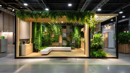 Fototapeta premium A stylish and modern office interior featuring an entire wall filled with lush green plants and comfortable seating areas, giving a touch of nature.