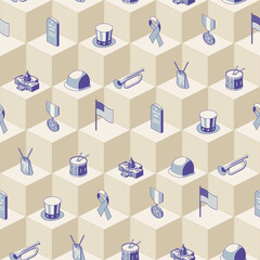 Isometric Memorial day US seamless pattern on beige geometric background