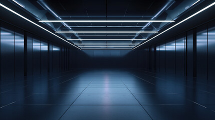 Modern sci-fi corridor background with glowing purple and blue neon lights and sleek metallic finish. Technologies and innovations. Futurism, space and interior.